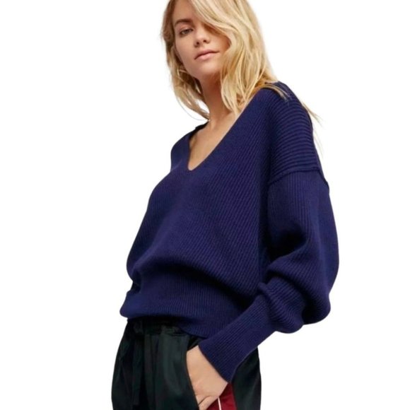 Free People Sweaters - Free People Womens Allure Rib Knit Slouchy V Neck Pullover Sweater Size S Blue